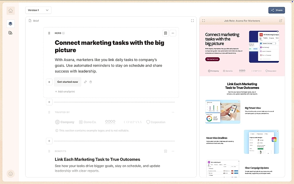 A SaaS landing page editor with a live preview