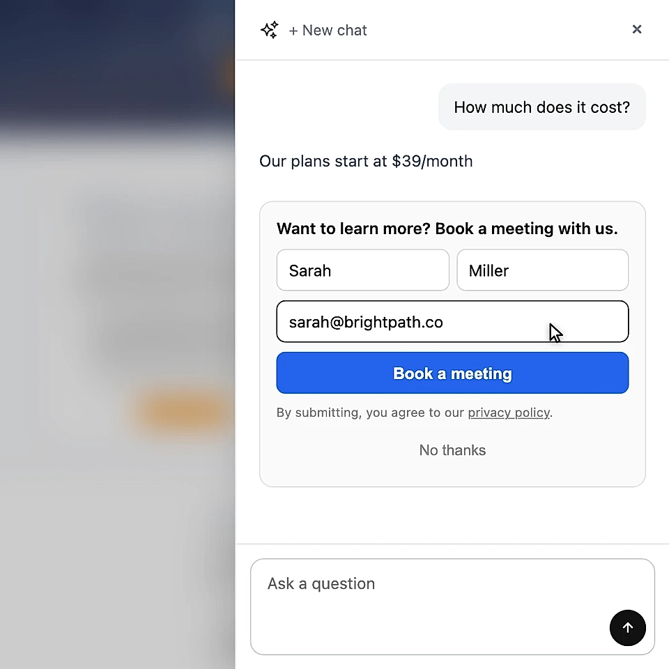 Chat widget with pricing message and meeting booking form fields