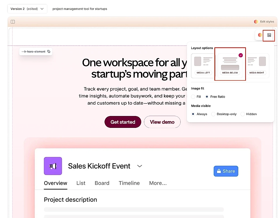 Screenshot of LandingRabbit's interface highlighting layout options