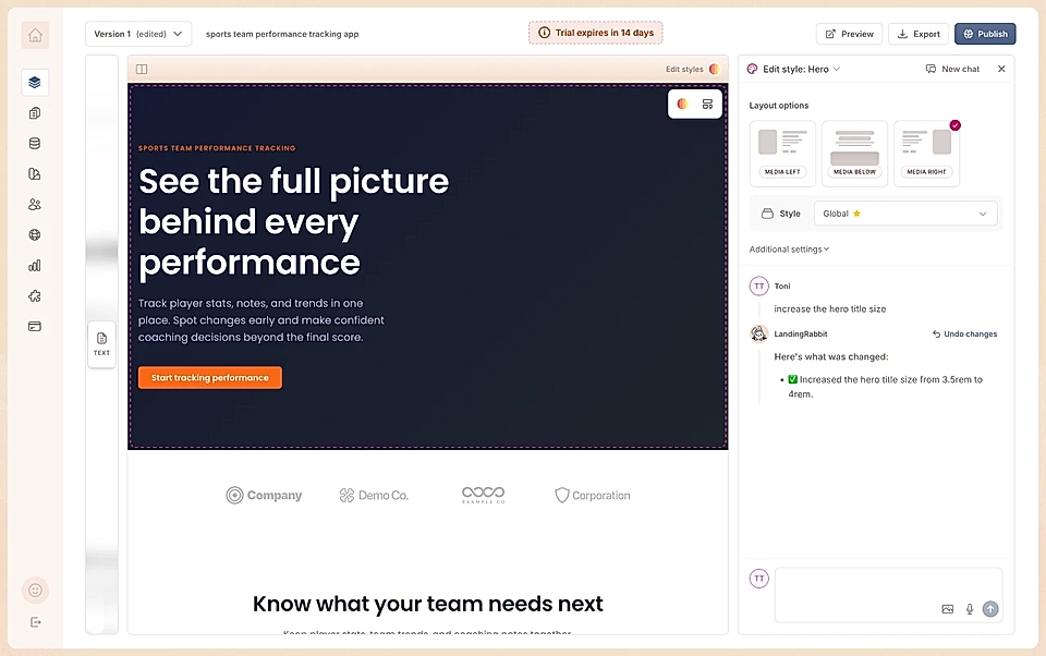 Editing page styles in LandingRabbit
