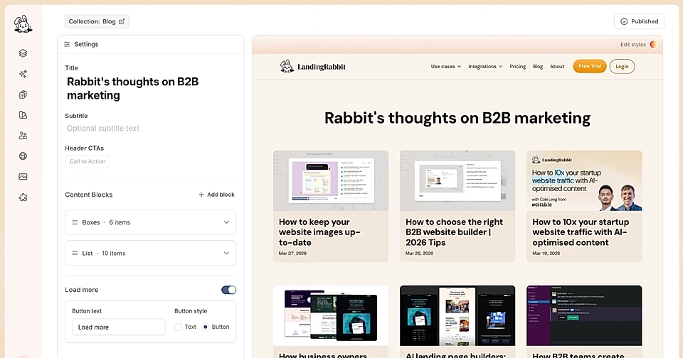 LandingRabbit's Collection page editor view with header and content layout settings