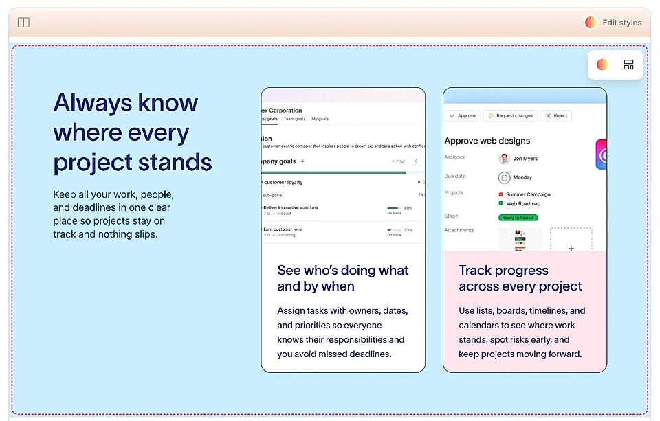 Screenshot of the LandingRabbit dashboard and editing the boxes layout structure