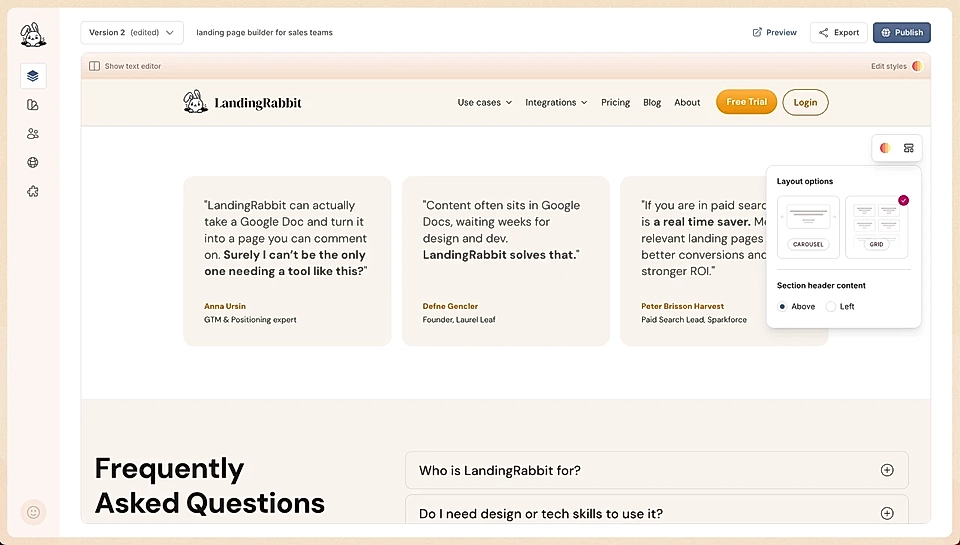 Screenshot of the LandingRabbit landing page builder interface and editing the Testimonial section layout
