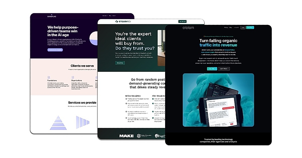 Four B2B marketing website designs showcasing services, client focus, and engagement strategies.