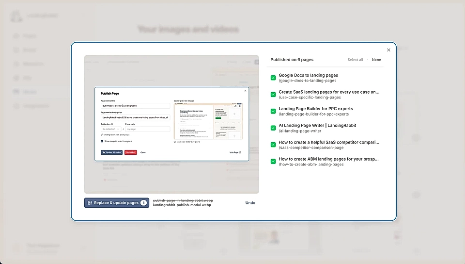 LandiingRabbit replace images tool with published pages listed on the side.