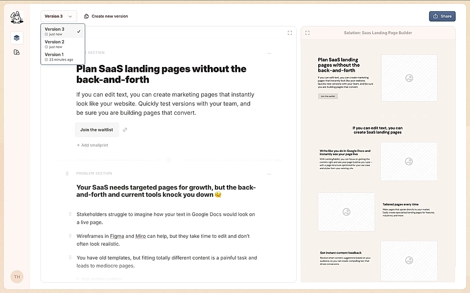 LandingRabbit’s SaaS landing page text editor