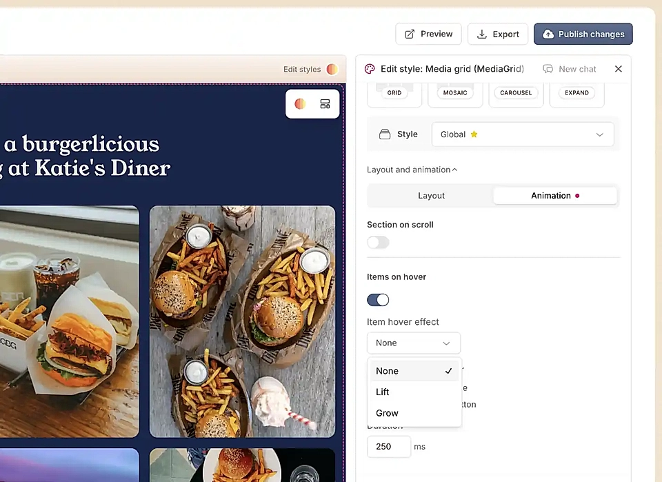 Add a hover animation Grow or Lift for an image or video in the Media grid layout
