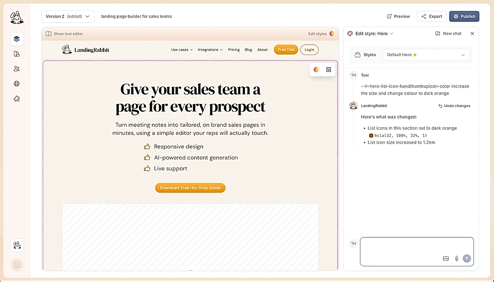 LandingRabbit page editor with AI-powered changes for styles