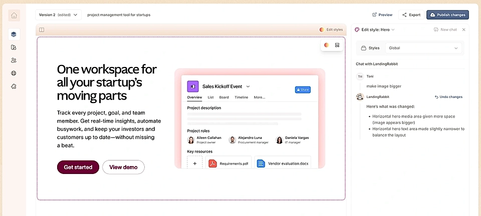 LandingRabbit's editing view with a user's request to make the hero image bigger