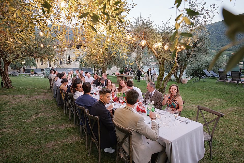 Outdoor dinner party with guests around a long table, string lights in olive trees, with a scenic backdrop.