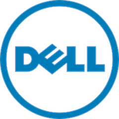 Dell logo in blue color within a circular outline on a black background.