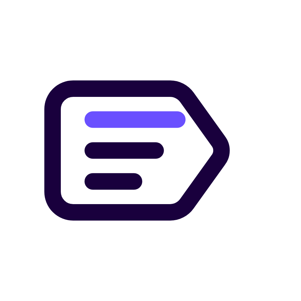 Purple outlined tag icon with three horizontal lines on a black background