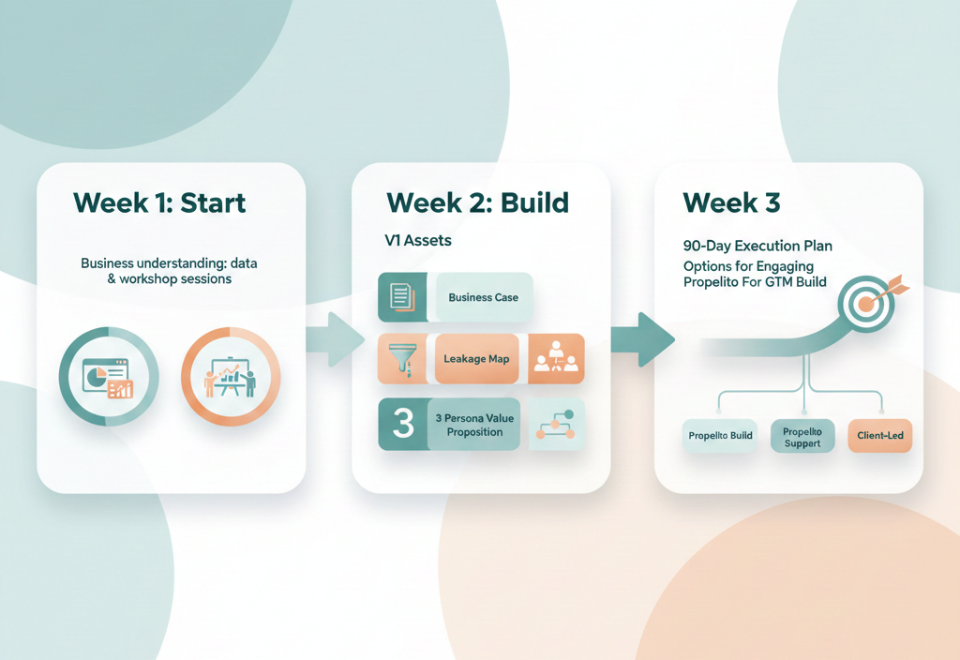 A three-week Propelito visual of the GTM audit offering for B2B SaaS companies outlining B2B marketing steps: Start, Build V1 Assets, and Execution Plan with specific tasks.