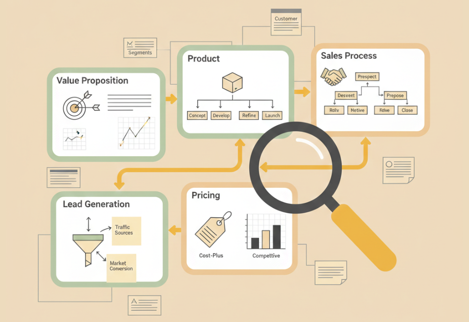 Flowchart illustrating B2B marketing components: Value Proposition, Product, Lead Generation, Pricing, and Sales Process.