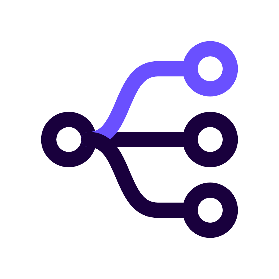 Purple branching network icon with four circular nodes on a black background