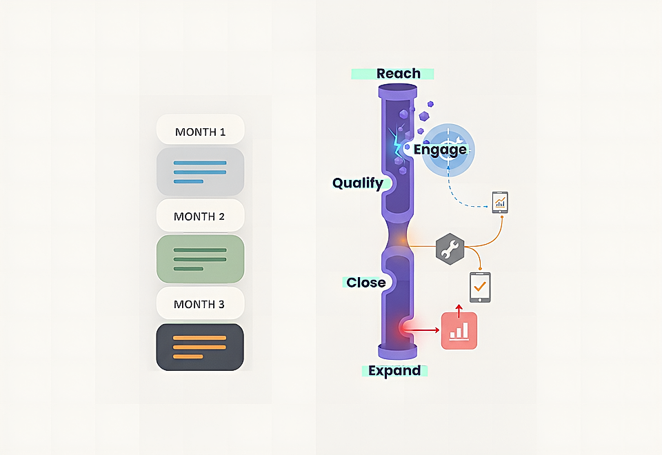 A visual showing Propelito's approach to a GTM audit for B2B SaaS companies showing a funnel diagram for B2B Marketing and Sales, showing stages: Reach, Engage, Qualify, Close, With a 3-month timeline showing the duration of the 90-day plan.