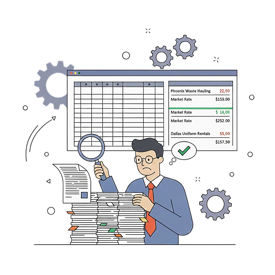 An illustration of a man analyzing data in a spreadsheet with stacks of paperwork and gears in the background.