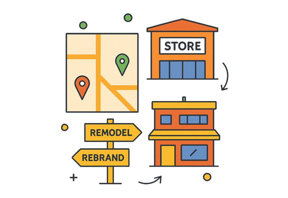 Illustration showing a map with location pins, a store building, and signs for 'Remodel' and 'Rebrand'.