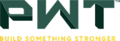 Logo of PWT with the tagline "Build Something Stronger" in bold green and yellow letters.