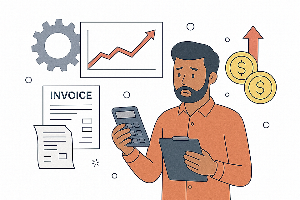 A man holding a calculator and clipboard, surrounded by invoices, a growth chart, gears, and dollar signs.