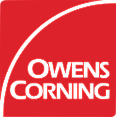 Logo of Owens Corning on a red background, featuring bold black text and an arch design above the name.