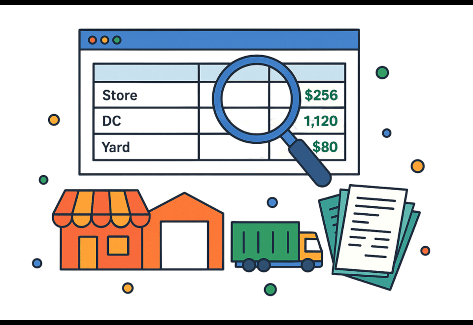 Illustration of a data table with values for Store, DC, and Yard, alongside a store, warehouse, truck, and documents.