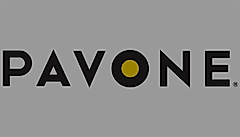 Logo of Pavone, featuring bold black letters with a yellow dot on a gray background.