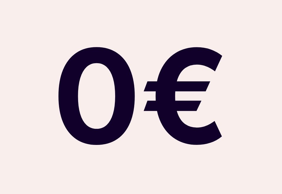 Graphic displaying the text '0€' in bold, dark font on a light background, representing zero Euros.