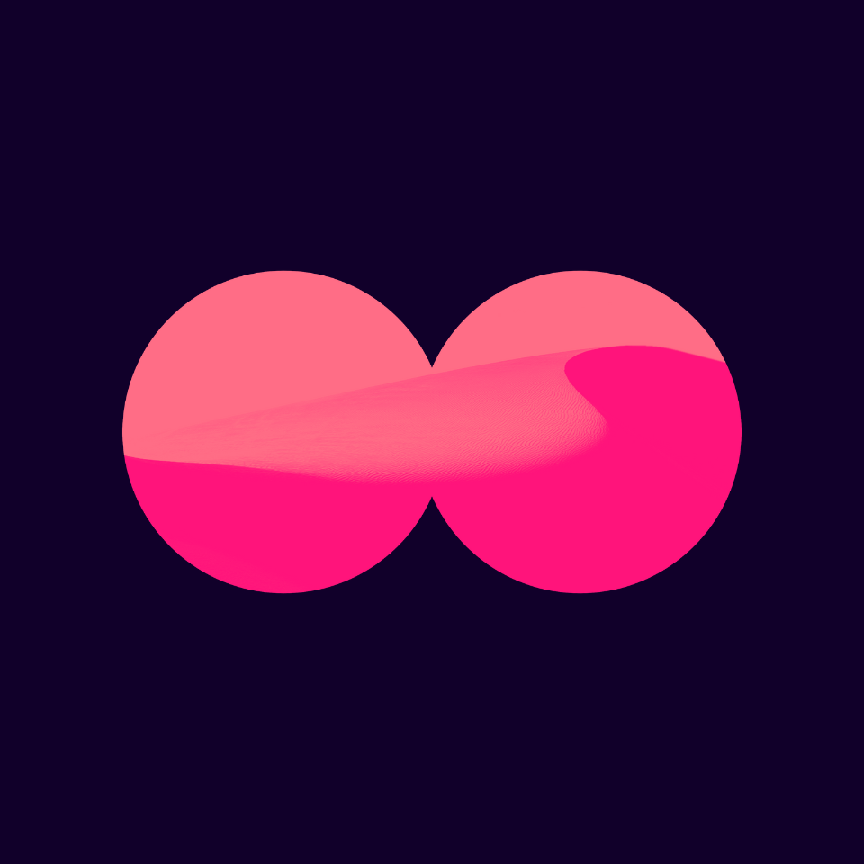 Abstract design featuring two overlapping circles in pink and coral shades, set against a dark background.