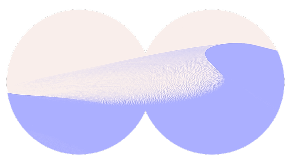 Graphic featuring two overlapping circular shapes with a gradient of light purple and beige, depicting abstract sand dunes.