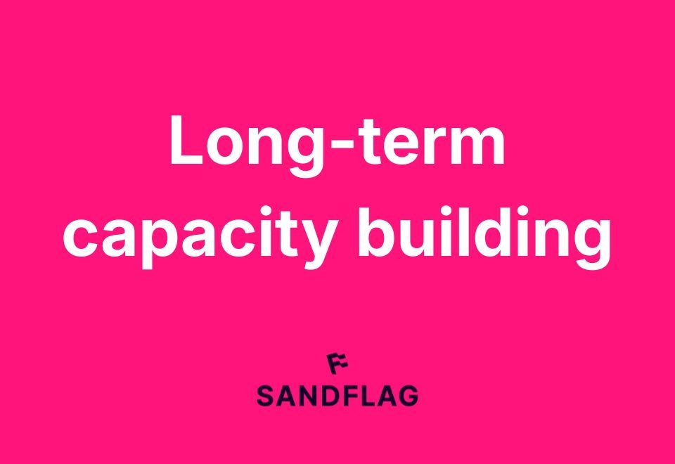 Text on a bright pink background reads 'Long-term capacity building' with the logo 'SANDFLAG' at the bottom.