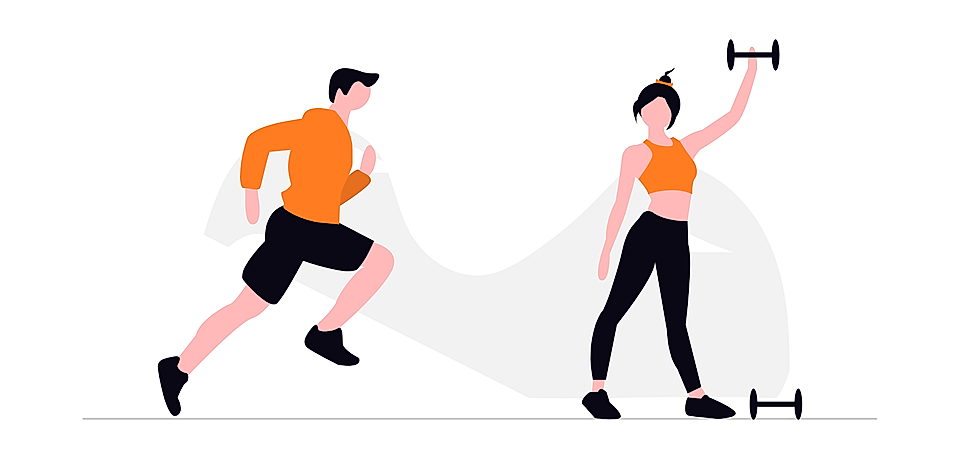 Illustration of a man running and a woman lifting dumbbells in workout clothes.