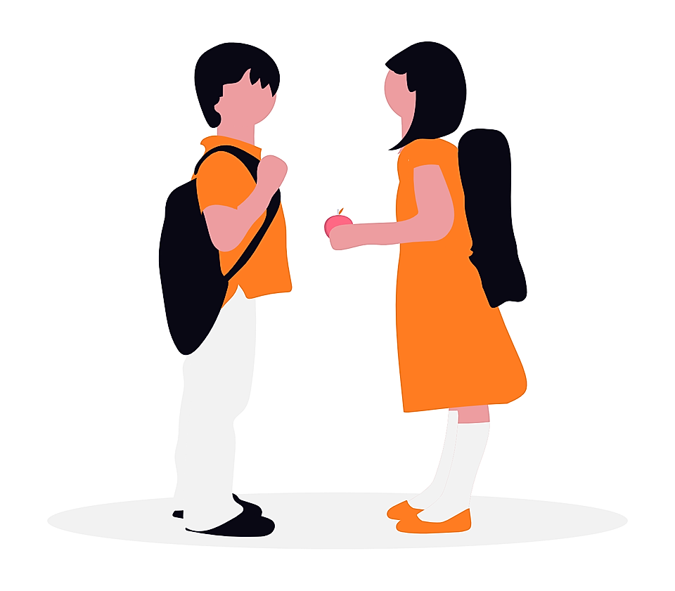 Illustration of two children, a boy and a girl, standing together; both in orange outfits and backpacks, girl holding an apple.
