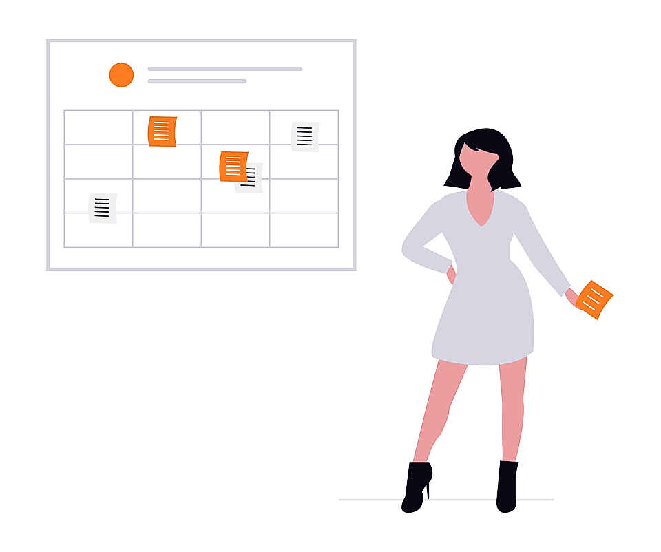 A woman in a white dress stands by a calendar with sticky notes, holding a document in her hand.