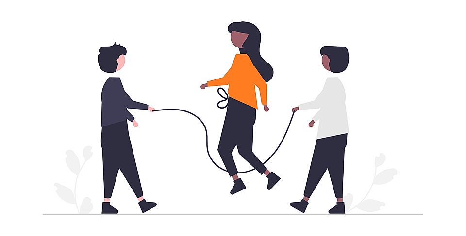 Three cartoon figures: two holding a jump rope while a third person jumps in between them, set against a plain background.