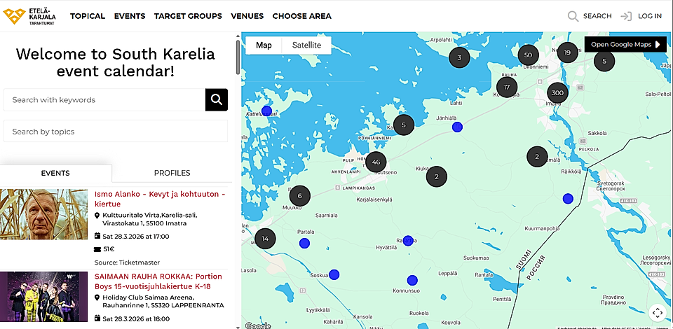 Event calendar map for South Karelia, showing locations, events, and search features for local activities.