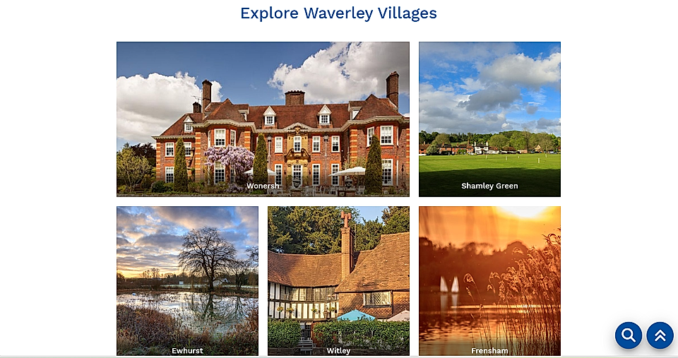 Collage of four village scenes: Wonersh house, Ewhurst lake, Witley cottage, and Shamley Green sports field.