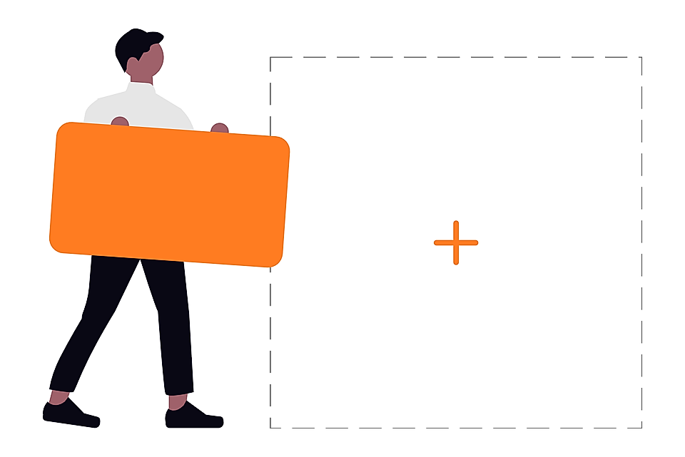 A person carrying a large orange rectangle, standing beside an empty dashed box with a plus sign inside.