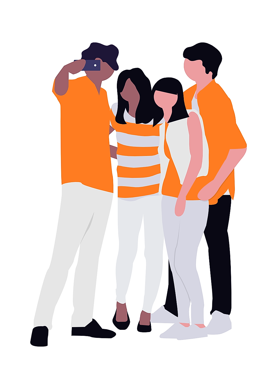 Group of four people posing for a selfie, wearing orange and white outfits, set against a plain background.
