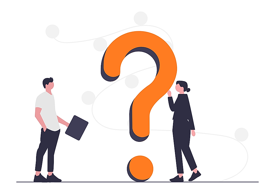 Two business people standing beside a large orange question mark illustration