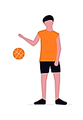 A flat illustration of a young person in an orange shirt and black shorts, holding a basketball with one hand.