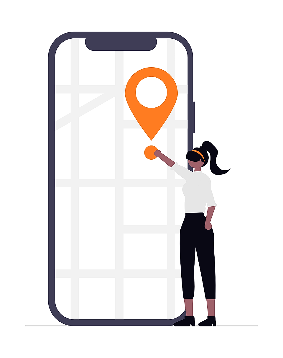 Illustration of a woman pointing at a large smartphone map with a location pin icon, symbolizing navigation.