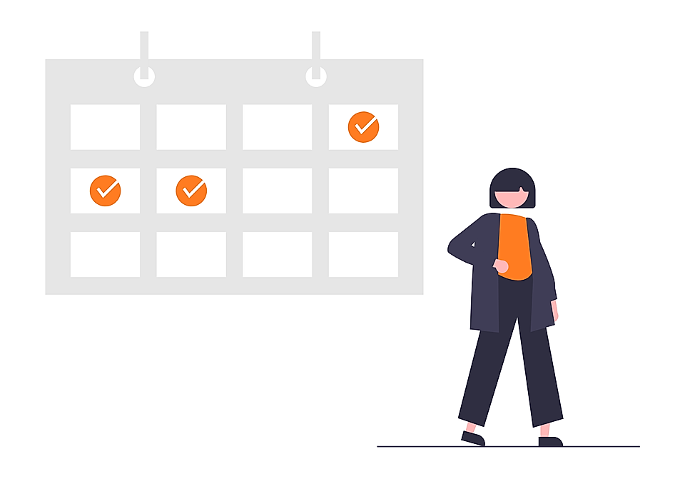 A character in a coat stands next to a calendar with several checked items, representing task completion or scheduling.