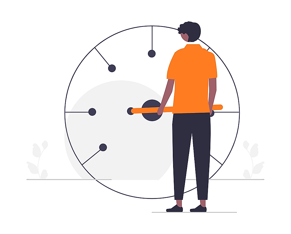Person standing in front of a large circular gauge or clock illustration with orange and dark accents