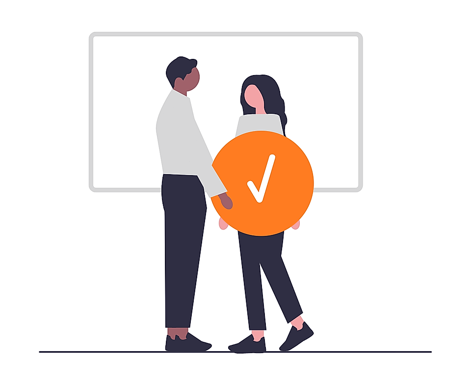 Illustration of two people standing in front of a presentation screen with an orange checkmark badge