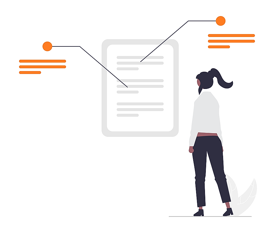 An illustration of a woman facing a document with feedback comments shown in orange bubbles, in a minimalist style.