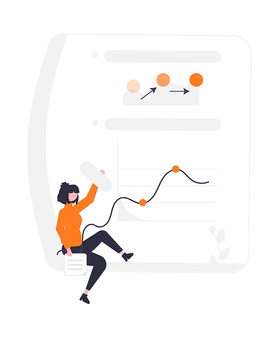 Illustration of a woman in an orange shirt holding a paintbrush by a graph and design elements on a digital interface.