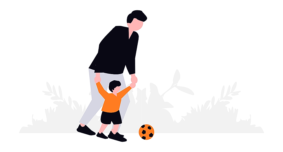Illustration of an adult and a child playing soccer outdoors, with a soccer ball and greenery in the background.