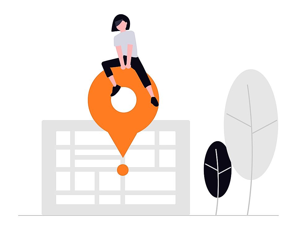 Illustration of a person sitting on a large map pin above a grid table, with minimalistic trees in the background.