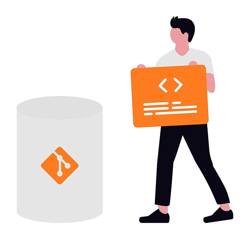 A person holding an orange coding sign next to a gray database symbolizing version control and coding.